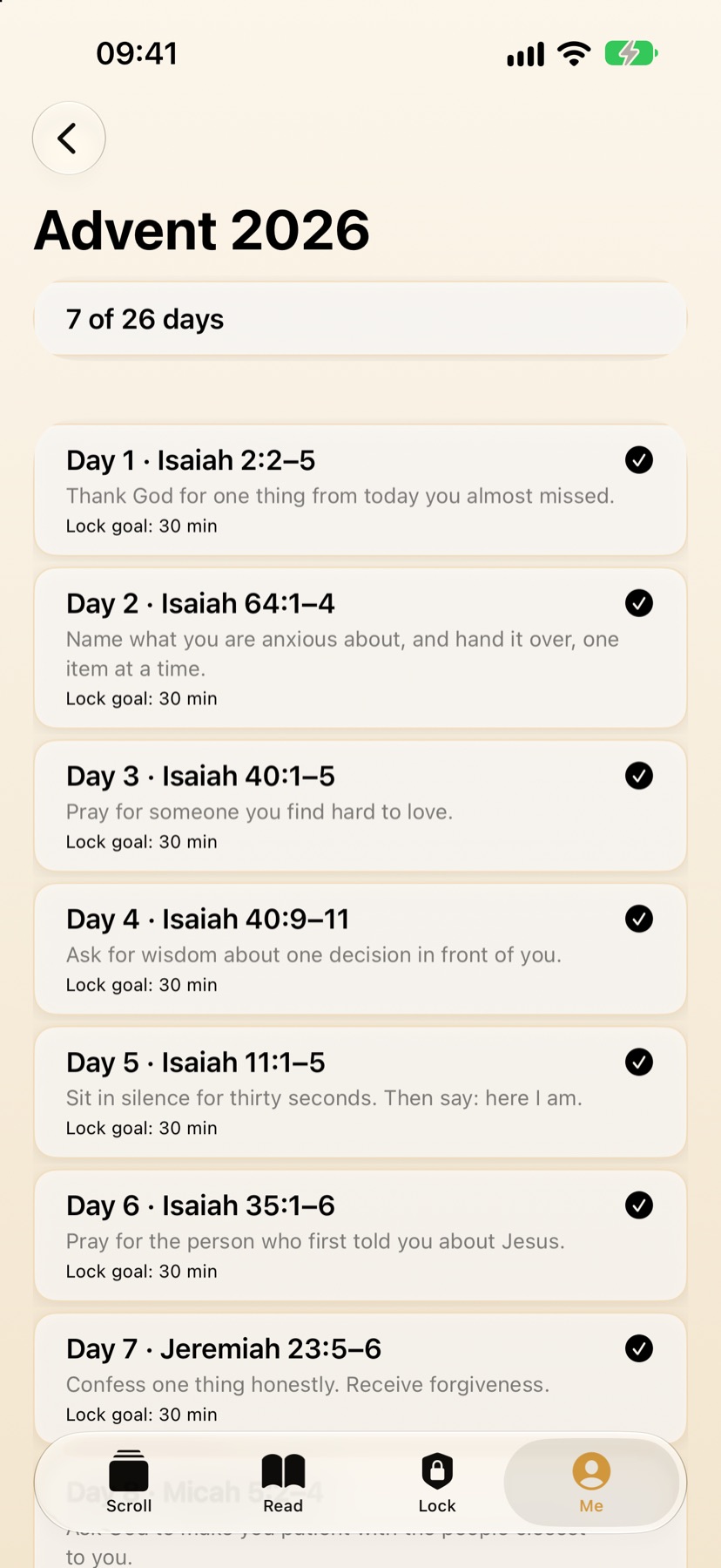 The Advent 2026 challenge: 26 days, each with a reading from Isaiah, a prayer prompt and a 30-minute lock goal.