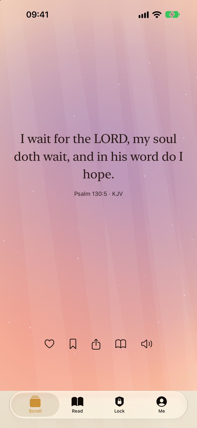 Altar's Scroll feed: Psalm 130:5 in the King James Version on a soft dawn background, with Amen, save, share, read and listen buttons.